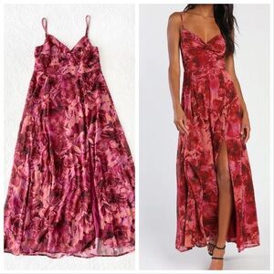 NWOT Lulus Beautiful Soul Burgundy Floral Print Twist-Front Maxi Dress XLarge